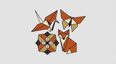 Flat illustration of orange and cream origami figures including a crane, a butterfly, and a fox on a gray background