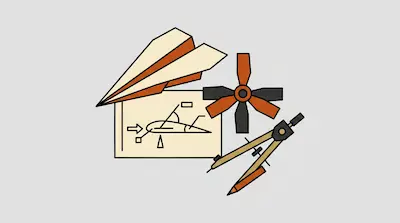 Flat illustration of a paper plane, an engineering blueprint, a propeller, and a compass on a light gray background