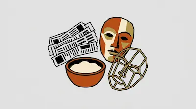 Flat illustration of a wooden mask, a wireframe face, a bowl of powder, and tickets on a light grey background