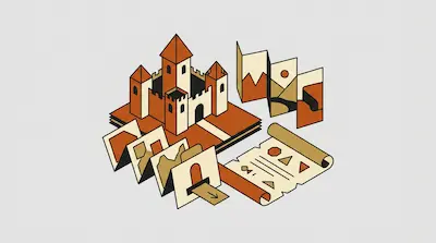 Flat illustration of an isometric castle pop up book with a paper map and landscape cards in orange and cream tones