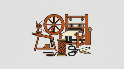Flat illustration of a wooden spinning wheel, a weaving loom, a spool of thread, and scissors on a gray background