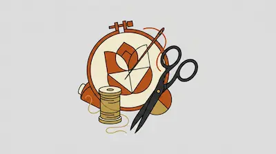 Flat illustration of an embroidery hoop with a floral pattern, a spool of thread, and black scissors on a gray background