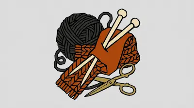 Flat illustration of a black ball of yarn, wooden knitting needles, orange fabric, and gold scissors on a gray background