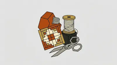 Flat illustration of sewing supplies including a spool of thread, scissors, and a patterned pincushion on a gray background