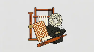 Flat illustration of a wooden loom, a ball of yarn, and a patterned textile roll on a light gray background