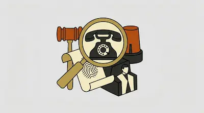 A collection of icons including a gavel, a magnifying glass over a rotary phone, a fingerprint on a document, a siren, and a person in a robe.