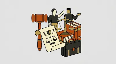 A gavel, a balance scale, books, a scroll, and a briefcase are grouped around two people.
