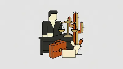A person in a suit sits behind a desk with a scale, a briefcase, and a cactus.