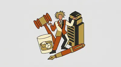 A man with wild hair wearing a suit stands surrounded by a large gavel, a skyscraper, a glass with ice, and a fountain pen.
