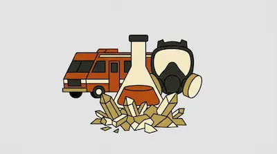 A minimalist graphic of an orange RV, a laboratory flask, a gas mask, and a pile of crystals.