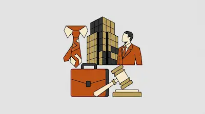 Stylized icons of a necktie, a tall building, a man in a suit, a briefcase, and a judge's gavel.