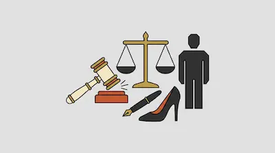 A gavel and block, a scale, a fountain pen, a high-heeled shoe, and a person silhouette.