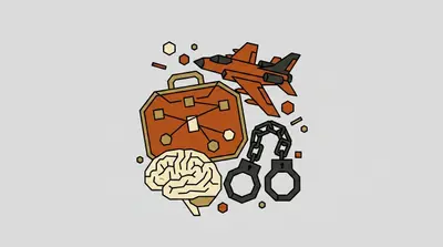 A jet airplane, a case board with connected pins, a brain, and a pair of handcuffs.
