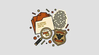 A case file folder, a magnifying glass, a fingerprint, and an eagle-crested badge clustered together.