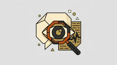 A large eye inside a magnifying glass over a speech bubble and a document with a zigzag line.