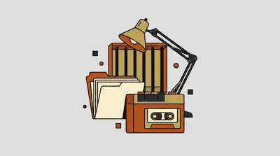 A cassette tape recorder, a file folder, a barred window, and a desk lamp grouped together.
