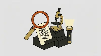 A magnifying glass, a fingerprint on paper, a microscope, and a flashlight.