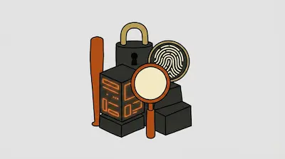 A cluster of stylized objects including a baseball bat, a padlock, a fingerprint, a magnifying glass, and dark cubes with glowing orange markings.