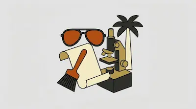 A group of graphic icons featuring orange aviator sunglasses, a scroll, a paintbrush, a microscope, and a palm tree.