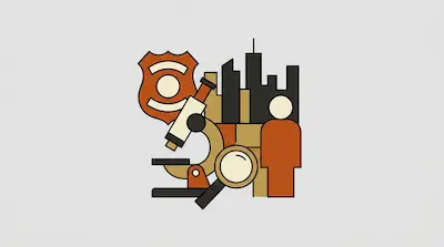 A stylized graphic featuring a police badge, a microscope, a magnifying glass, a city skyline, and a human figure icon.