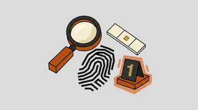 A magnifying glass, a fingerprint, a microscope slide, and a numbered evidence marker.