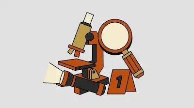 A microscope, magnifying glass, flashlight, and evidence marker with the number one.