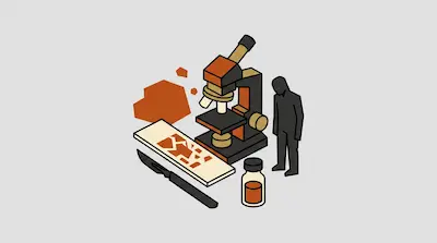 A microscope, scalpel, glass slide with orange fragments, and a vial of orange liquid are positioned next to a stylized black figure.