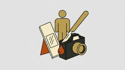 A person icon, a camera, a scalpel with a drop of blood, and a framed picture.