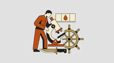 A person in an orange jumpsuit looks through a microscope, surrounded by a ship's wheel, a knife, and a panel with a drop icon.