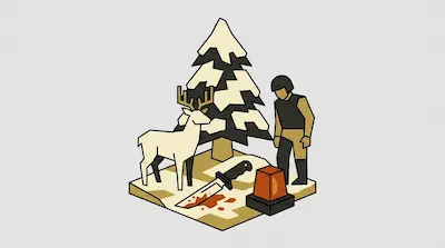 A white deer stands near a snow-covered tree, a person, a bloody knife, and an orange beacon in a stylized isometric scene.