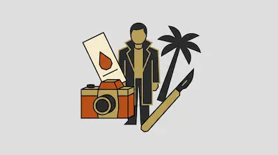 A person in a long coat surrounded by a camera, a palm tree, a scalpel, and a card with a blood drop.