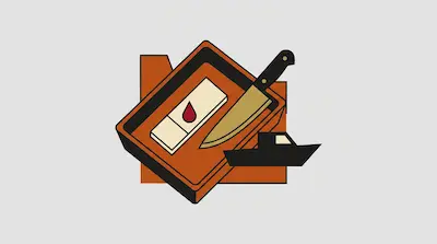 A tray containing a knife and a slide with a drop of blood, next to a small boat silhouette.