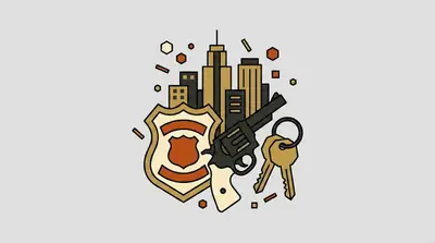 A police badge, a revolver, a set of keys, and a city skyline clustered together.