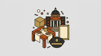A dinner table set with plates and a pitcher, a courthouse, a police cap, and a picture frame.