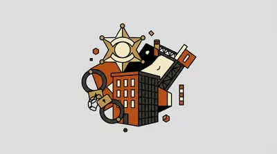 A star-shaped badge, a pair of handcuffs, a brick building, and a steel bridge clustered together.