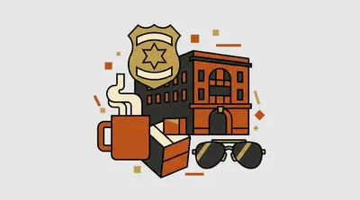 A detective badge, a steaming coffee mug, a precinct building, and a pair of aviator sunglasses.