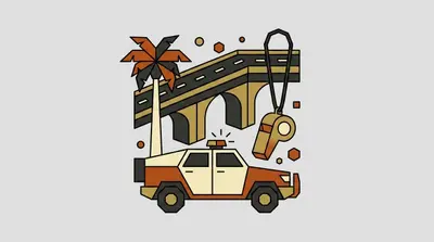 A patrol car with a flashing light, a palm tree, a highway overpass, and a whistle on a lanyard.