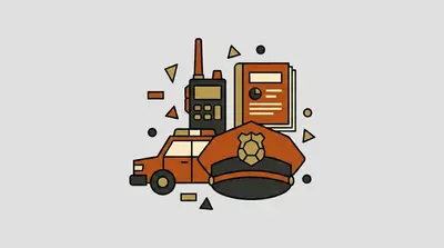 A patrol car, a police academy cap with a badge, a walkie-talkie, and a training manual.
