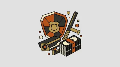 A police shield badge, a baton, a surveillance camera, and a banded stack of cash.