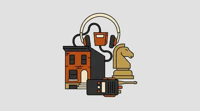 A wiretap headset, a row house, a chess knight piece, and a police radio grouped together.
