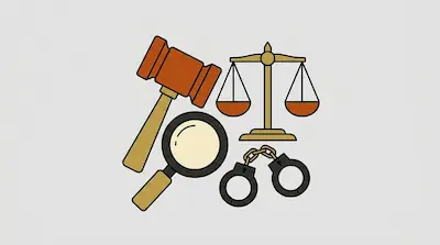 A gavel, scales of justice, a magnifying glass, and a pair of handcuffs are grouped together.