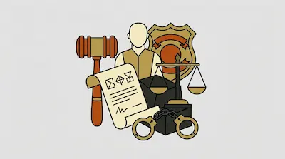 A collection of icons including a gavel, a person, a badge, a document, a scale, and handcuffs.