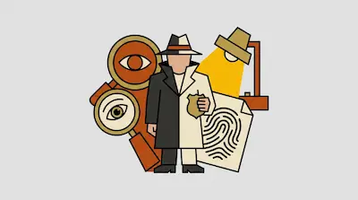A figure in a split black and white trench coat and hat holds a badge, surrounded by magnifying glasses, a desk lamp, and a fingerprint.