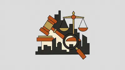 A gavel, scales, and a magnifying glass layered over a black city skyline silhouette.