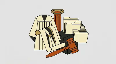 A judge's robe, a classical column, a stack of file folders, and a wooden gavel.