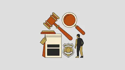 A gavel, magnifying glass, evidence bag, police badge, and a person silhouette.