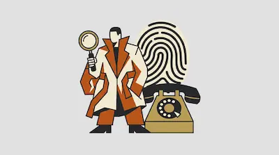 A stylized figure in a trench coat holds a magnifying glass next to a large fingerprint and a rotary telephone.