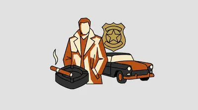 A man in a trench coat stands next to a police badge, a vintage car, and an ashtray with a lit cigar.