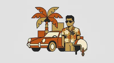 A man in a floral shirt and sunglasses stands beside an orange sports car, a palm tree, and a motorcycle helmet.