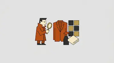 A man in a brown coat uses a magnifying glass to inspect a suit jacket next to a spray bottle, a folded cloth, and a grid of squares.